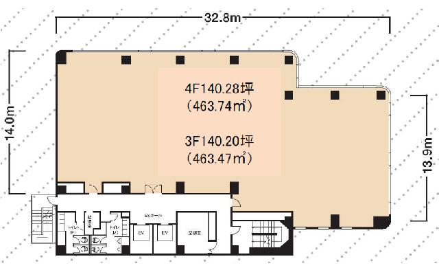 NMF芝公園ビル 3F 140.2坪（463.47m<sup>2</sup>）：基準階図面