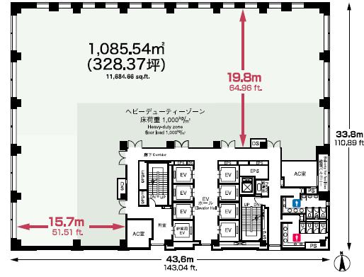 東五反田スクエアビル 5F 157.22坪（519.73m<sup>2</sup>）：基準階図面