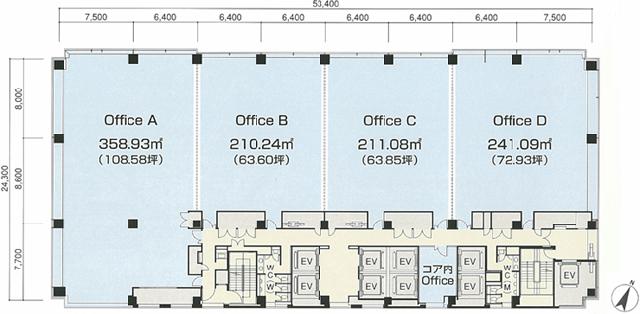 晴海アイランドトリトンスクエアオフィスタワーW 4F 108.58坪（358.94m<sup>2</sup>）：基準階図面